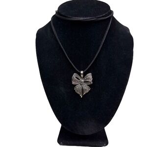 Silver Tone Bow Pendant Necklace Costume Fashion Jewelry Black Cord 14 in L